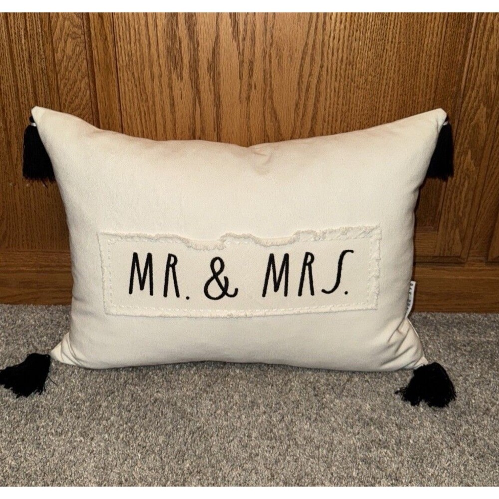 Rae Dunn Pillow MR. & MRS. Off White Black Print Feather Filled Oblong Tassels